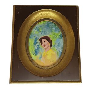 VTG 1963 Miniature Portrait Of Woman In Yellow Dress Blue Background Gold Frame
